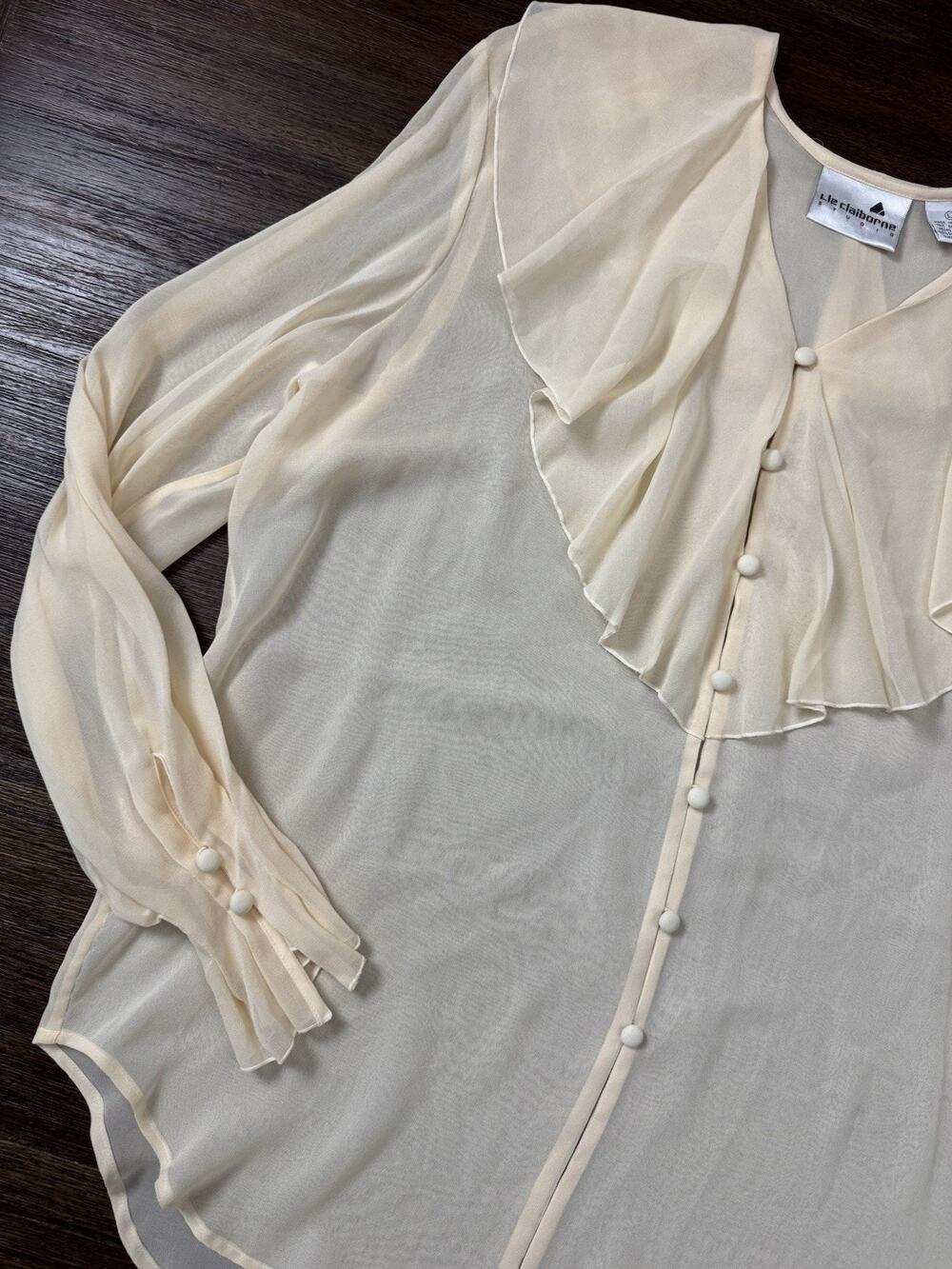 Vintage 100% Silk Chiffon Jabot Blouse Women’s L Sheer Ethereal Editorial Top